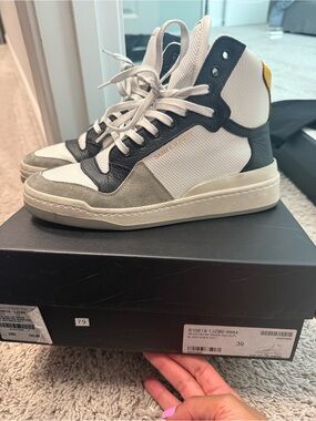 Yves Saint Laurent White, Black & Gray High-Top Sneakers with Yellow Heel Tab